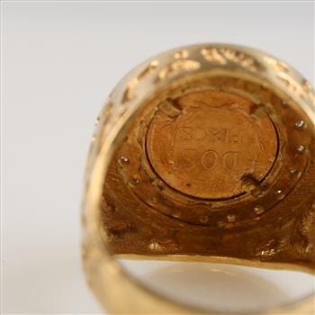 14kt Gold Diamond  Ring With Mexican Fine Gold Coin -Evaluated By Our Certified Gemologist-AGS/GIA
