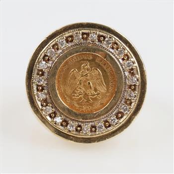 14kt Gold Diamond  Ring With Mexican Fine Gold Coin -Evaluated By Our Certified Gemologist-AGS/GIA