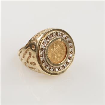 14kt Gold Diamond  Ring With Mexican Fine Gold Coin -Evaluated By Our Certified Gemologist-AGS/GIA