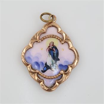 14kt Gold Frame Porcelain Svata Maria Pendant