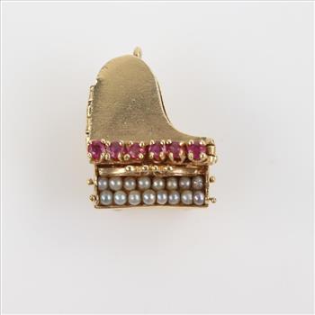 14kt Gold Grand Piano Ruby Accents Seed Pearl Pendant