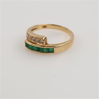 14kt Gold Green Emeralds And Diamond Accent Bypass Ring