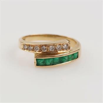 14kt Gold Green Emeralds And Diamond Accent Bypass Ring