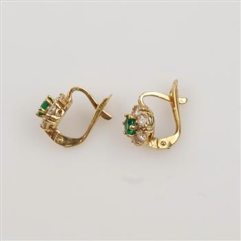 14kt Gold Green Stone Clear Stone Accent Earrings