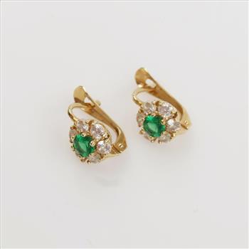 14kt Gold Green Stone Clear Stone Accent Earrings