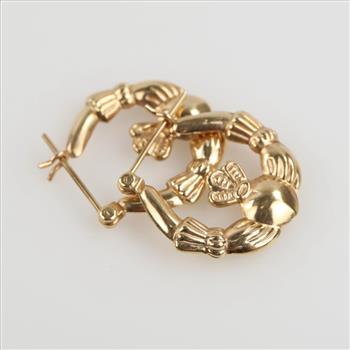 14kt Gold Hollow Claddagh Hoop Earrings