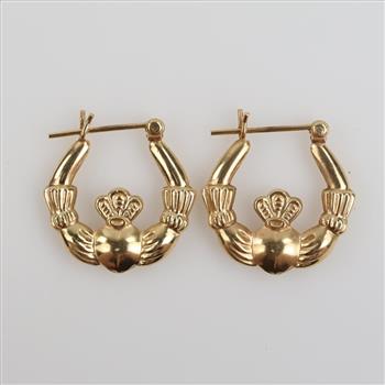 14kt Gold Hollow Claddagh Hoop Earrings