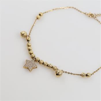 14kt Gold Hollow Round Bead Clear Stone Star Charm Accent Anklet
