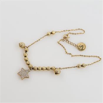 14kt Gold Hollow Round Bead Clear Stone Star Charm Accent Anklet