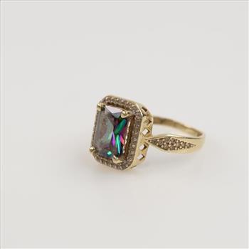 14kt Gold Iridescent Stone Clear Stone Accent Ring