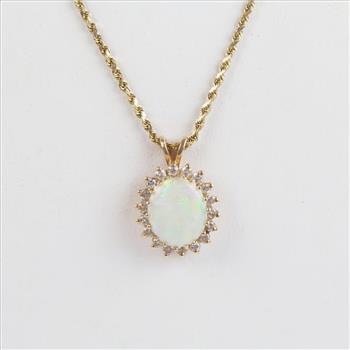 14kt Gold Necklace Opal And CZ Accent Pendant