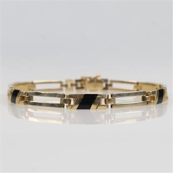 14kt Gold Onyx In Lay Hollow Rectangular Link Bracelet-Evaluated By Our Certified Gemologist-AGS/GIA