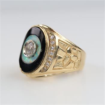 14kt Gold Onyx, Opal, Cubic Zirconia Ring
