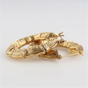 14kt Gold Ornate Hollow Hoop Earrings