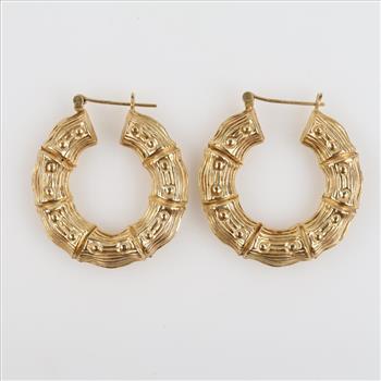 14kt Gold Ornate Hollow Hoop Earrings