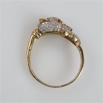 14kt Gold Panther Head Diamond Ruby Ring