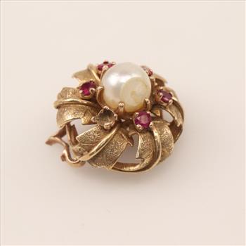 14kt Gold Pearl And Ruby Pendant