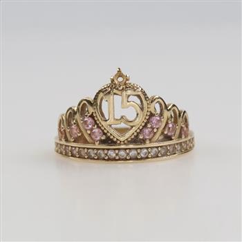 14kt Gold Pink And Clear Stone Quinceanera Ring
