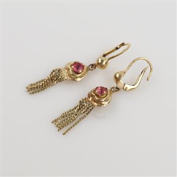 14kt Gold Pink Stone Semi-Hollow Dangle Earrings