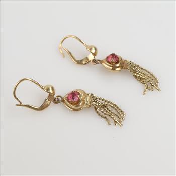 14kt Gold Pink Stone Semi-Hollow Dangle Earrings