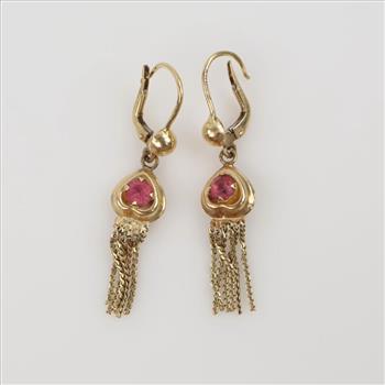 14kt Gold Pink Stone Semi-Hollow Dangle Earrings