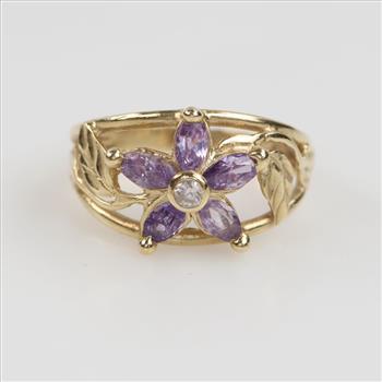 14kt Gold Purple & Clear Stone Flower Ring