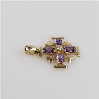 14kt Gold Purple Gass And Clear Stone Pendant