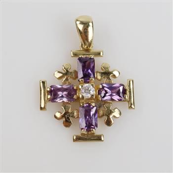 14kt Gold Purple Gass And Clear Stone Pendant