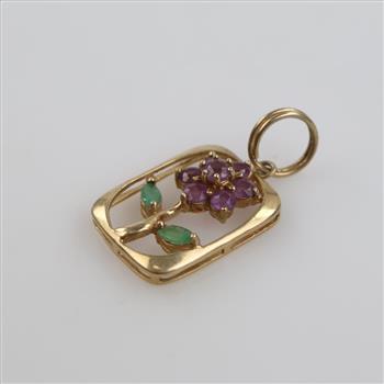 14kt Gold Purple & Green Stone Flower Pendant