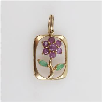 14kt Gold Purple & Green Stone Flower Pendant