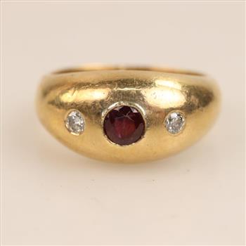 14kt Gold Red Stone Diamond Accent Dome Ring