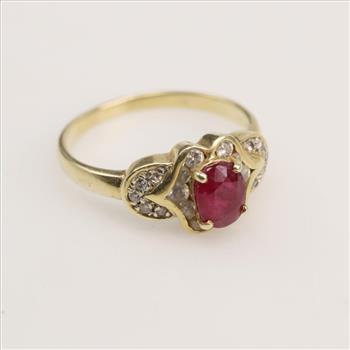 14kt Gold Red Stone Diamond Accent Ring