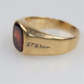 14kt Gold Red Stone Diamond Accent Signet Ring