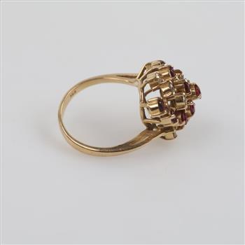 14kt Gold Red Stone Diamond Cluster Ring