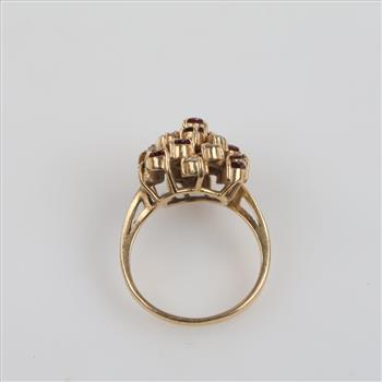 14kt Gold Red Stone Diamond Cluster Ring