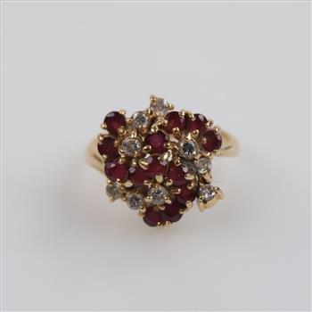 14kt Gold Red Stone Diamond Cluster Ring