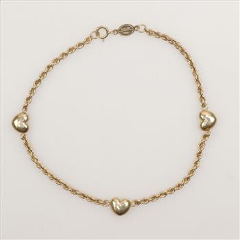 14kt Gold Rope Chain Heart Accent Bracelet