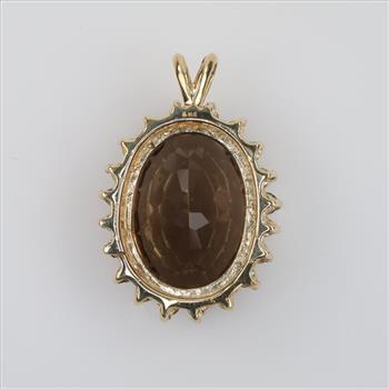 14kt Gold Smokey Quartz, Diamond Accent Oval Pendant