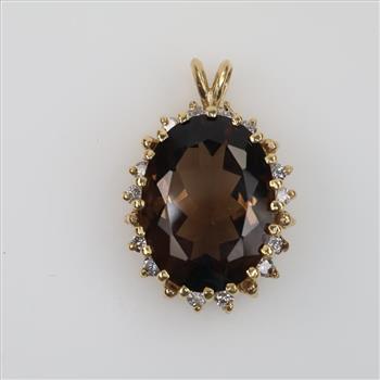 14kt Gold Smokey Quartz, Diamond Accent Oval Pendant
