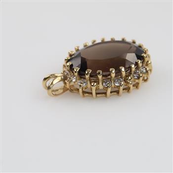 14kt Gold Smokey Quartz, Diamond Accent Oval Pendant