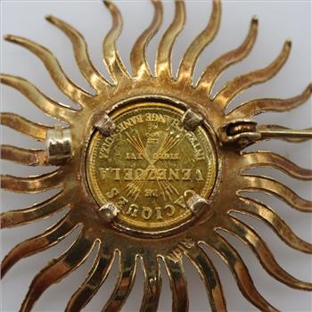14kt Gold Sun-Shaped Brooch Pin With Venezuela Gold Coin