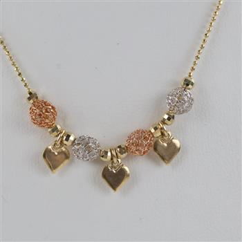 14kt Gold Tri Color Hollow Ball And Heart Necklace