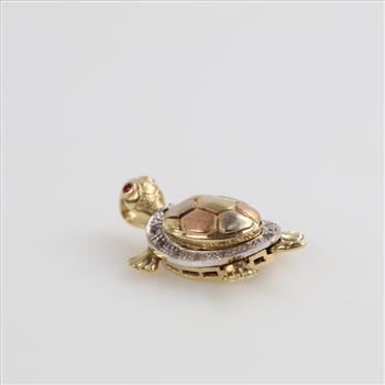 14kt Gold Tri-color Clear & Pink Stone Articulated Turtle Pendant