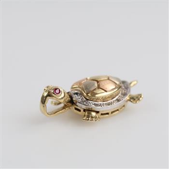 14kt Gold Tri-color Clear & Pink Stone Articulated Turtle Pendant