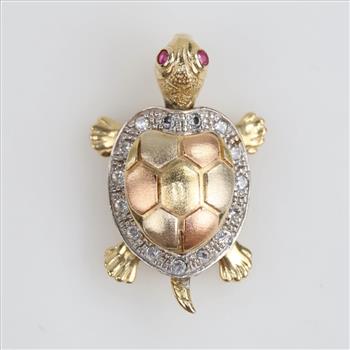 14kt Gold Tri-color Clear & Pink Stone Articulated Turtle Pendant