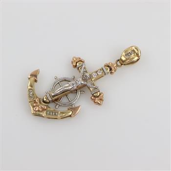 14kt Gold Tri-color Clear Stone Religious Anchor Pendant