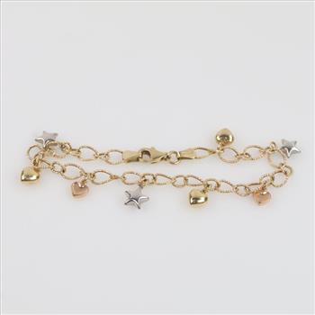 14kt Gold Tri-color Hollow Beaded Charm Bracelet