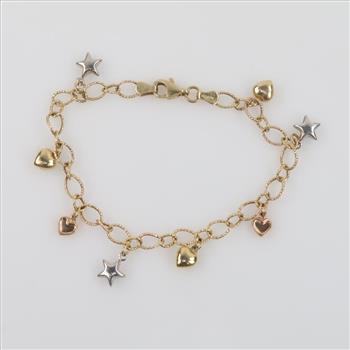 14kt Gold Tri-color Hollow Beaded Charm Bracelet