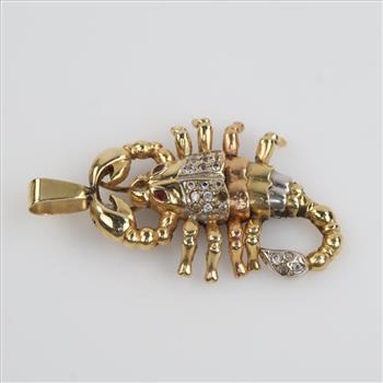 14kt Gold Tri-color Red And Clear Stone Articulated Scorpion Pendant