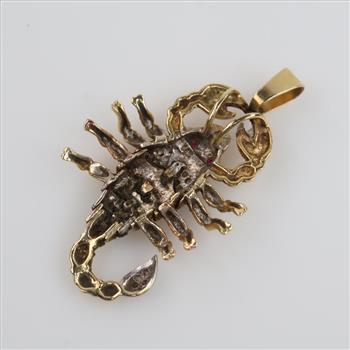 14kt Gold Tri-color Red And Clear Stone Articulated Scorpion Pendant